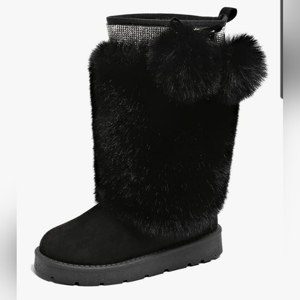 Elegant Black Fur With Sparkle Trim Women's Boots Size 8.5